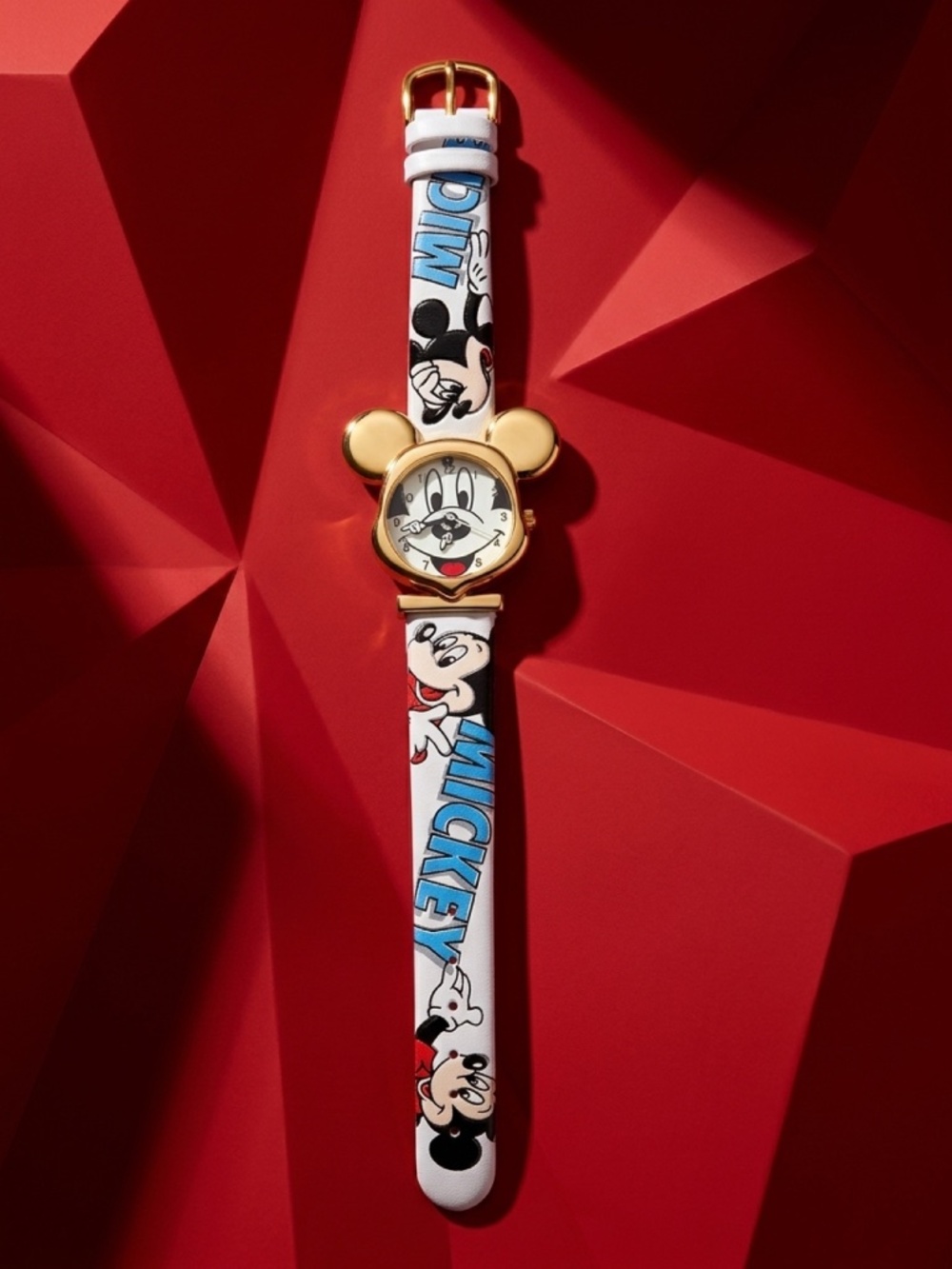 Vtg  Mickey Mouse Character Watch Gold-Tone Mouse Ears Case & Fun Graphic Strap
